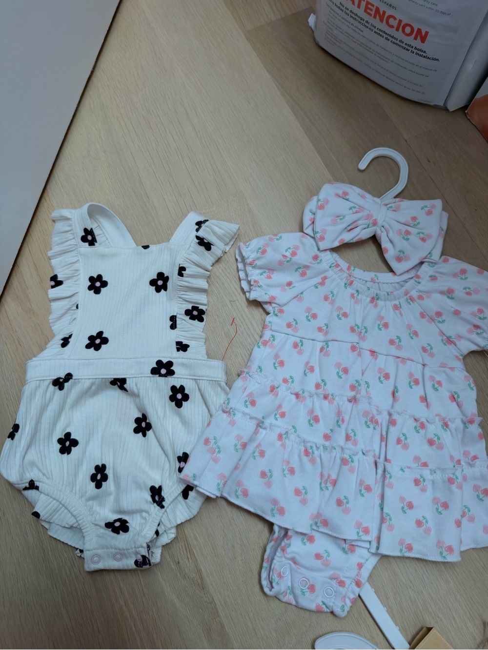 White Floral Ruffle and Baby Romper with Black Flower Print